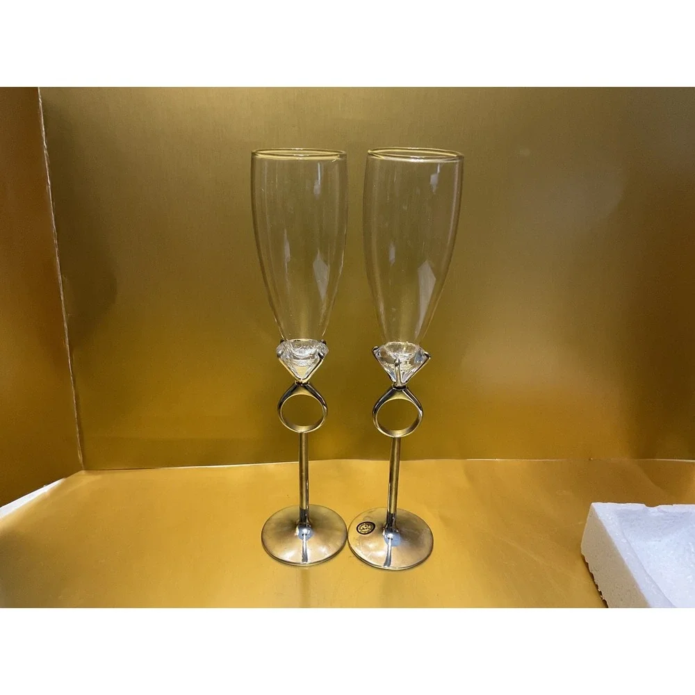 Godinger Silver Diamonds Champagne Flutes Set of 2 Silver Plated Ring Stem 6706
